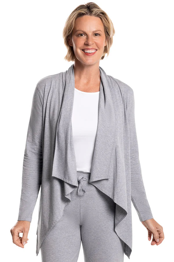 Front image of Coolibar grey marietas sun wrap in heather grey.