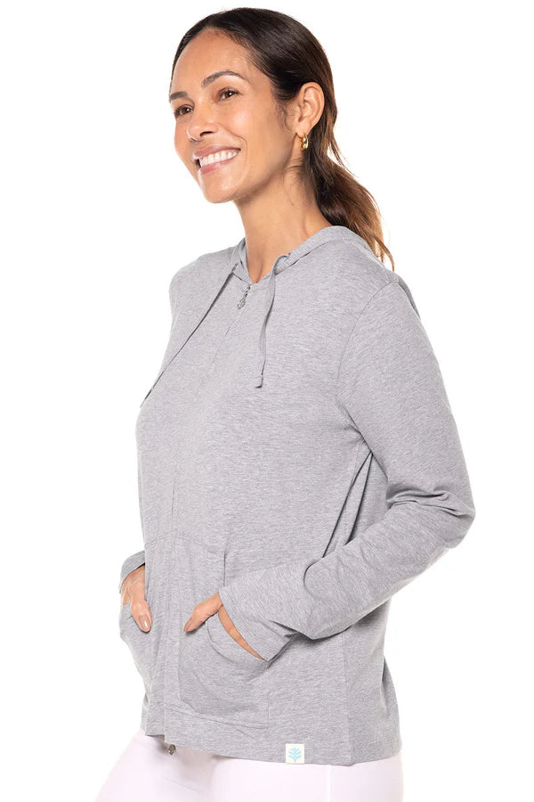 Front image of Coolibar seaside hoodie in light heather grey.