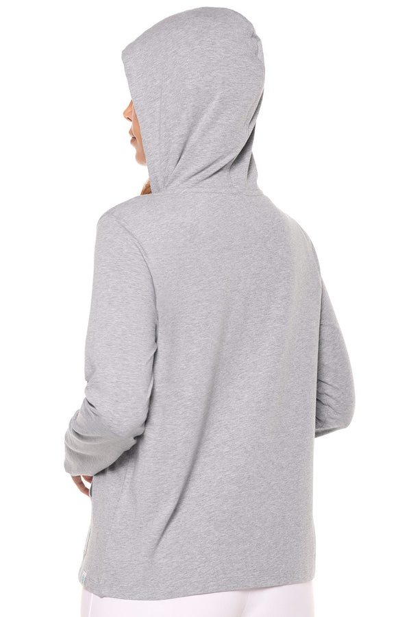 Back image of Coolibar seaside hoodie in light heather grey.