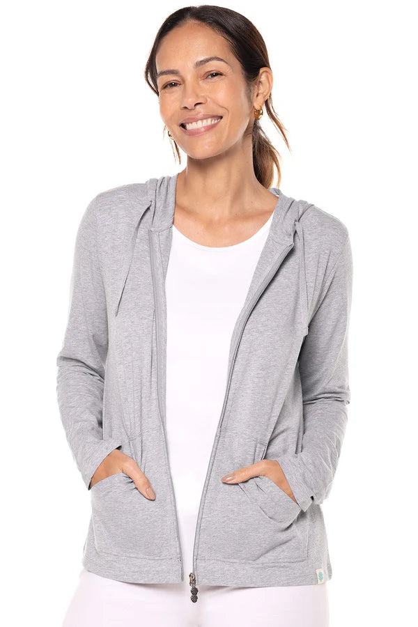 Front image of Coolibar seaside hoodie in light heather grey.