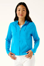 Front image of Coolibar seaside hoodie. Long sleeve zip front jacket. 