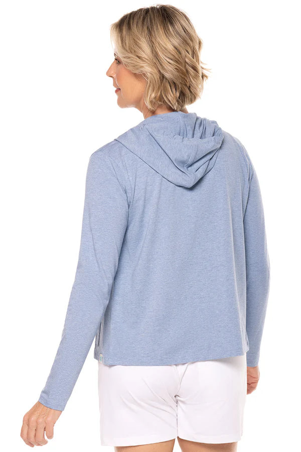 Front image of Coolibar zip front heather blue seaside hoodie.