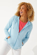 Front image of Coolibar blue dream seaside hoodie. Long sleeve zip front jacket. 