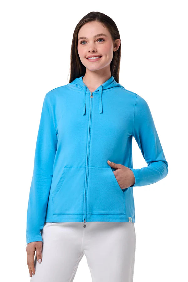 Front image of Coolibar Malibu blue seaside hoodie.