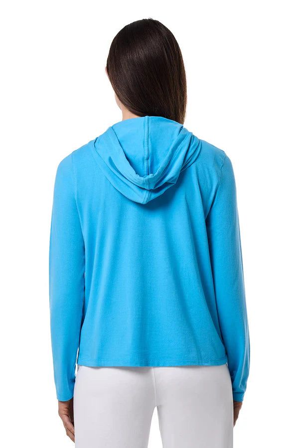 Back image of Coolibar Malibu blue seaside hoodie.