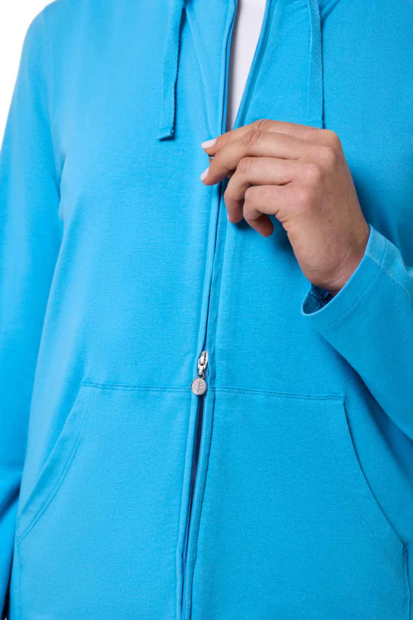 Front detail image of Coolibar Malibu blue seaside hoodie.