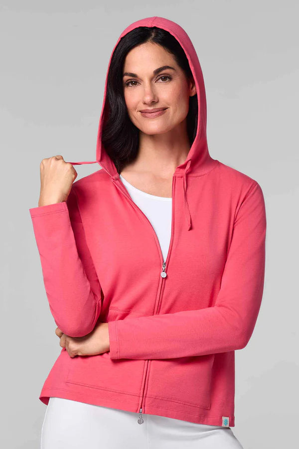 Front image of Coolibar long sleeve seaside hoodie in coral sunkist.