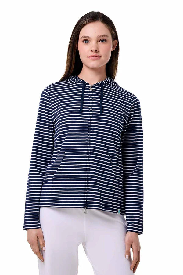 Front image of Coolibar striped seaside hoodie in navy and white stripe.