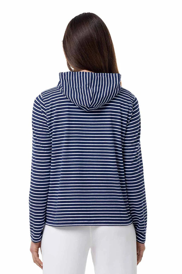 Back image of Coolibar striped seaside hoodie in navy and white stripe.