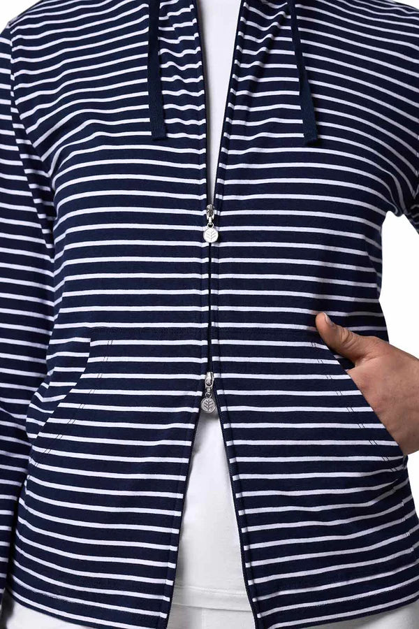 Front image of Coolibar striped seaside hoodie in navy and white stripe.