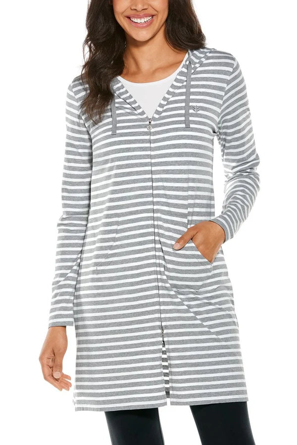 Front image of Coolibar grey striped cabana hoodie.