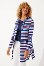 Front image of Coolibar Cabana Hoodie. Navy multicolor summer stripe long sleeve top. 