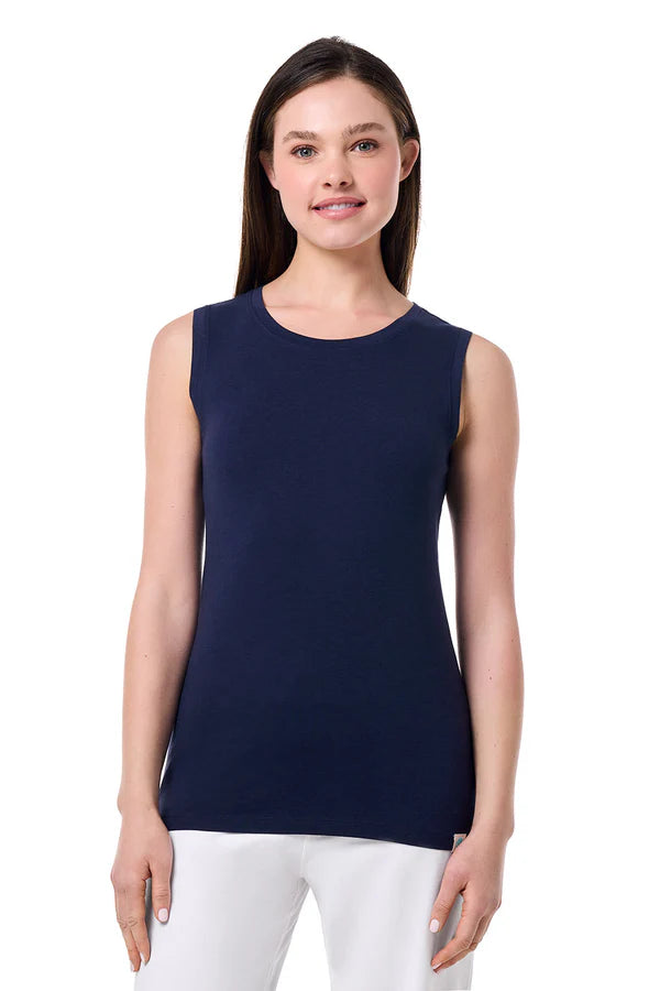 Front image of Coolibar sleeveless morada everyday navy tank.
