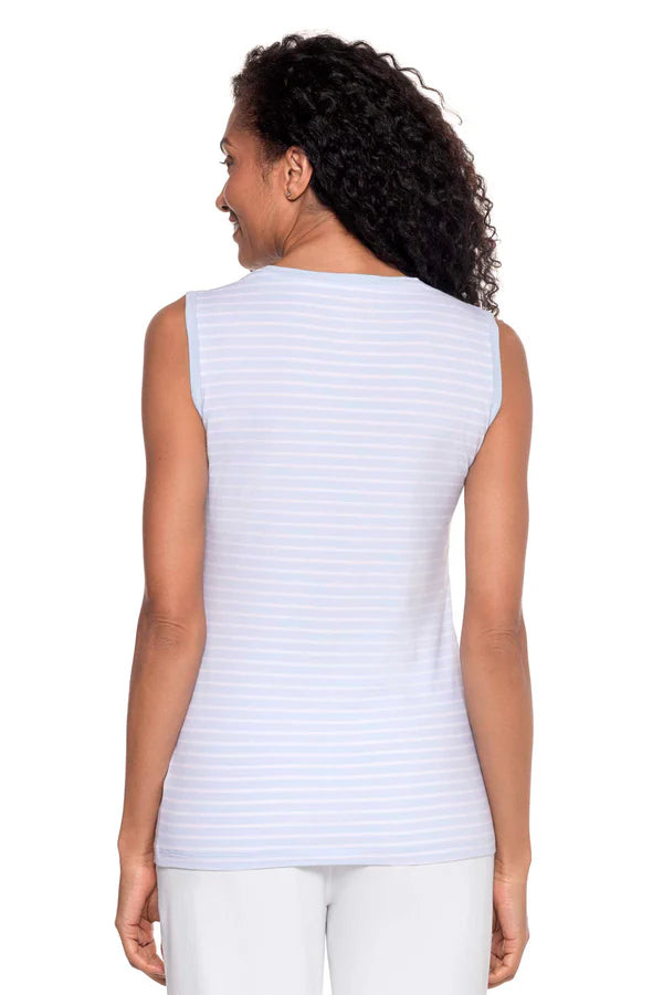Back image of Coolibar sleeveless everyday basic tank top in skyride stripe.