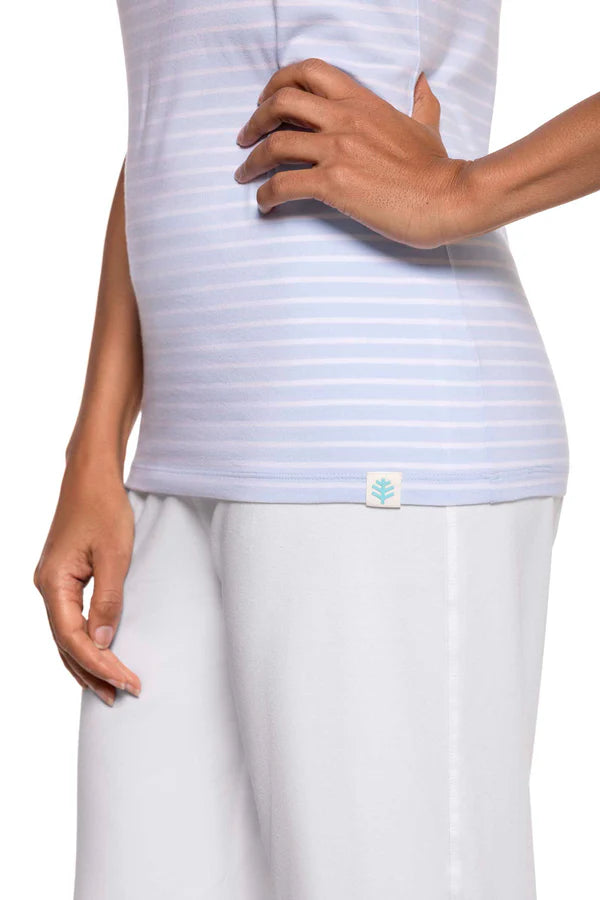 Front image of Coolibar sleeveless everyday basic tank top in skyride stripe.