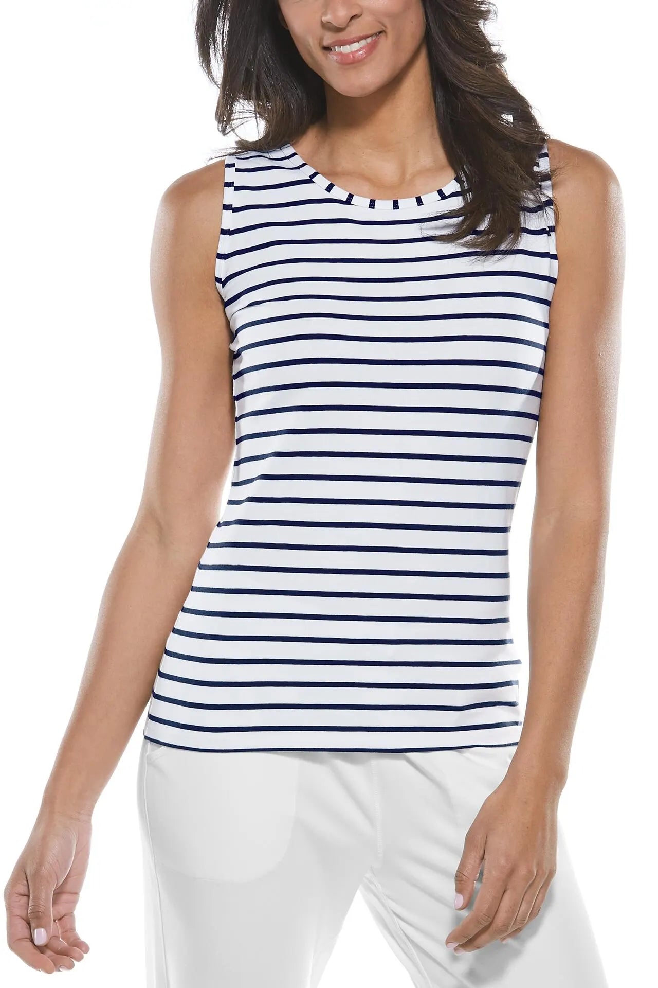 Front image of Coolibar morada everyday basic tank. Navy and white striped sleeveless tank. 