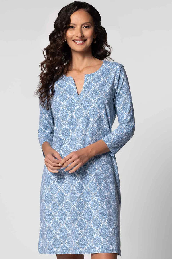 Front image of Coolibar oceanside tunic dress in blue medallion. 