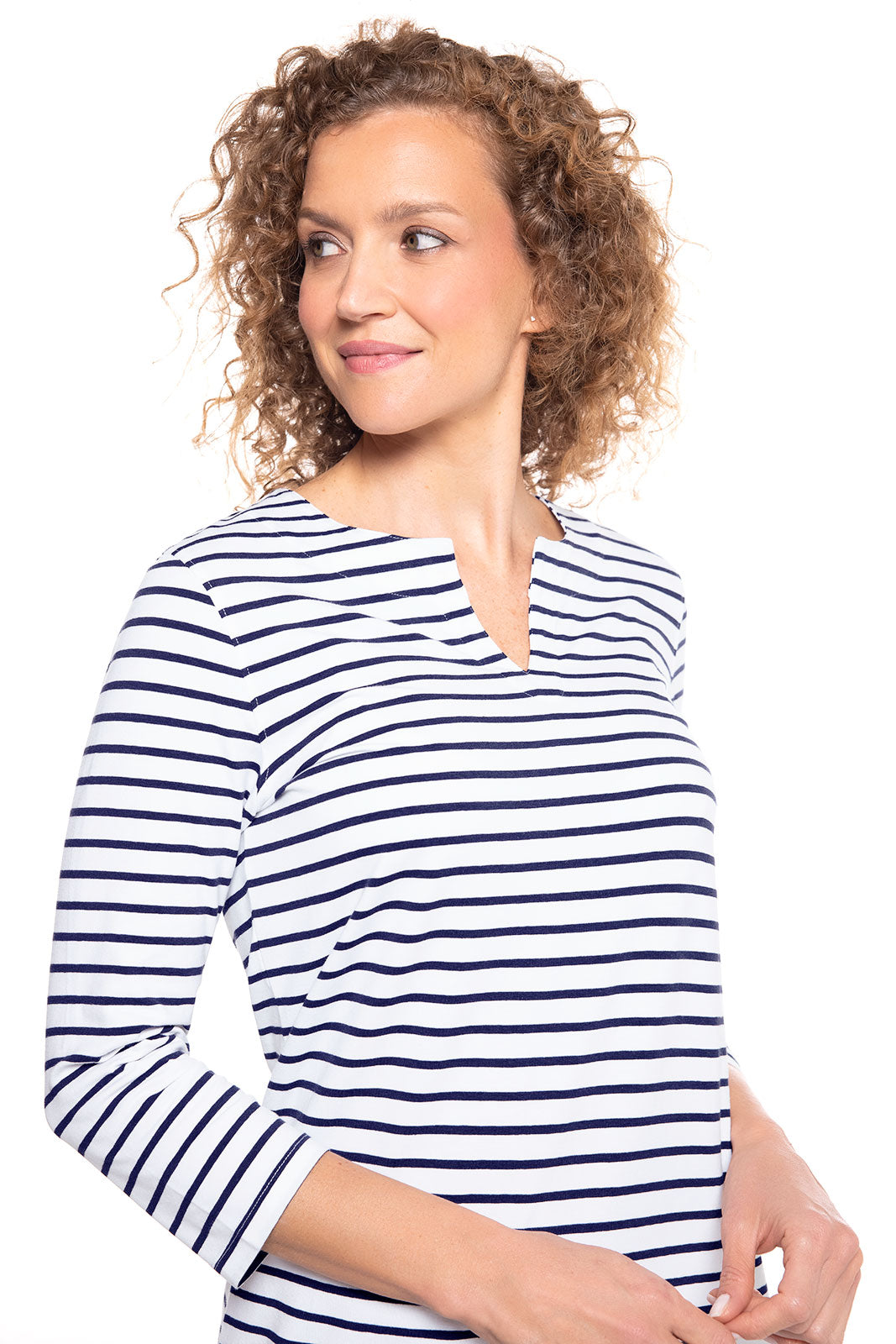 Women's Oceanside Tunic Dress with 3/4 Sleeve | White/Navy Stripe