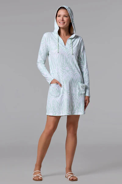 Front image of Coolibar catalina beach cover up dress in misty aqua blue.