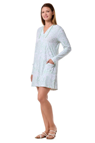 Front image of Coolibar catalina beach cover up dress in misty aqua blue.