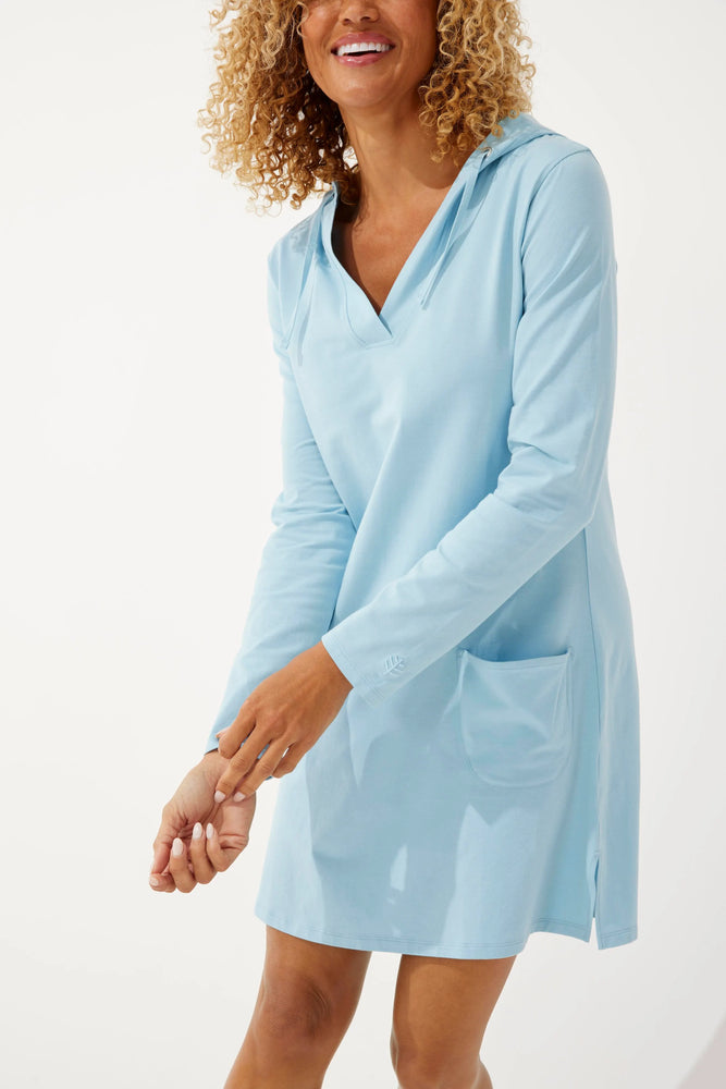 Front image of Coolibar Catalina Beach Cover up Dress. Blue dream solid long sleeve dress. 