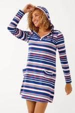 Front image of Coolibar Catalina Beach Cover up Dress. Navy striped long sleeve dress. 