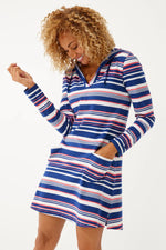 Front image of Coolibar Catalina Beach Cover up Dress. Navy striped long sleeve dress. 