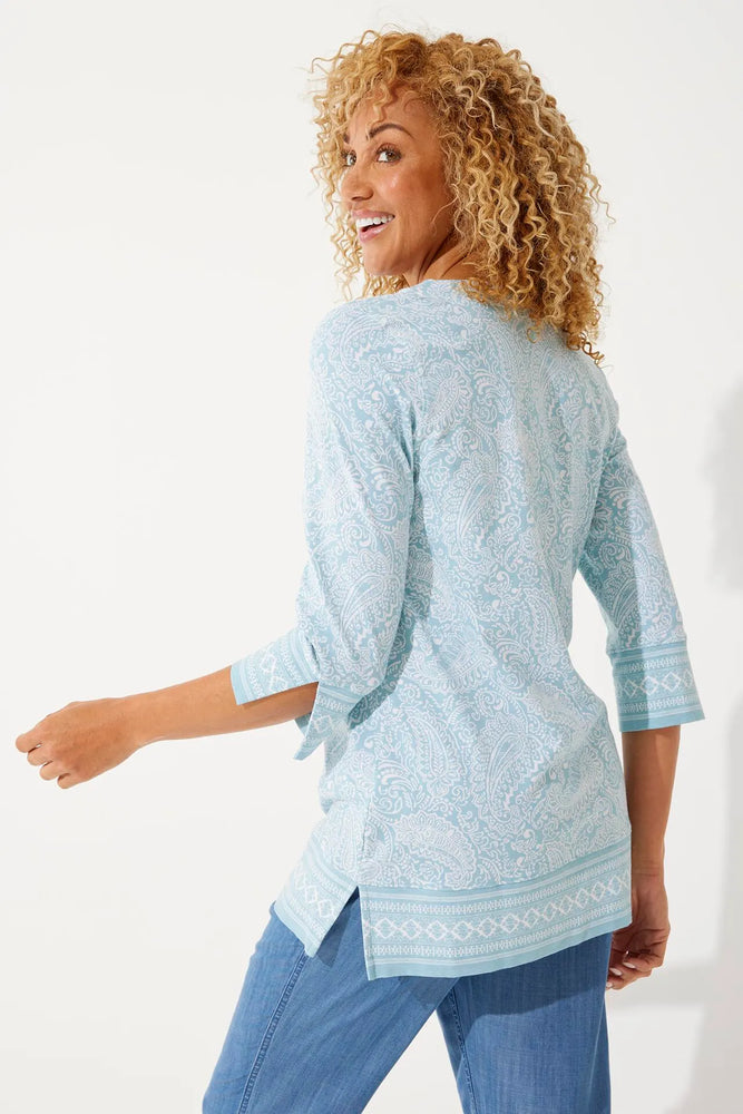 Back  image of Coolibar St. Lucia Tunic Top. Blue printed tunic top. 