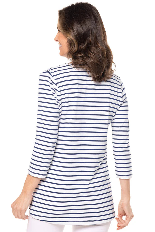 Back image of Coolibar st.lucia tunic in navy/white stripe.