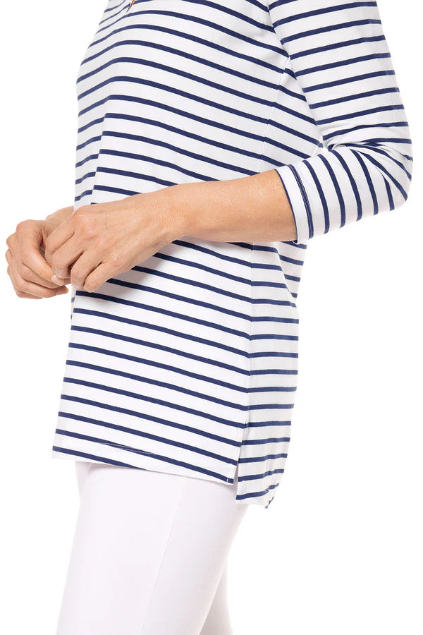 Side detail image of Coolibar st.lucia tunic in navy/white stripe.
