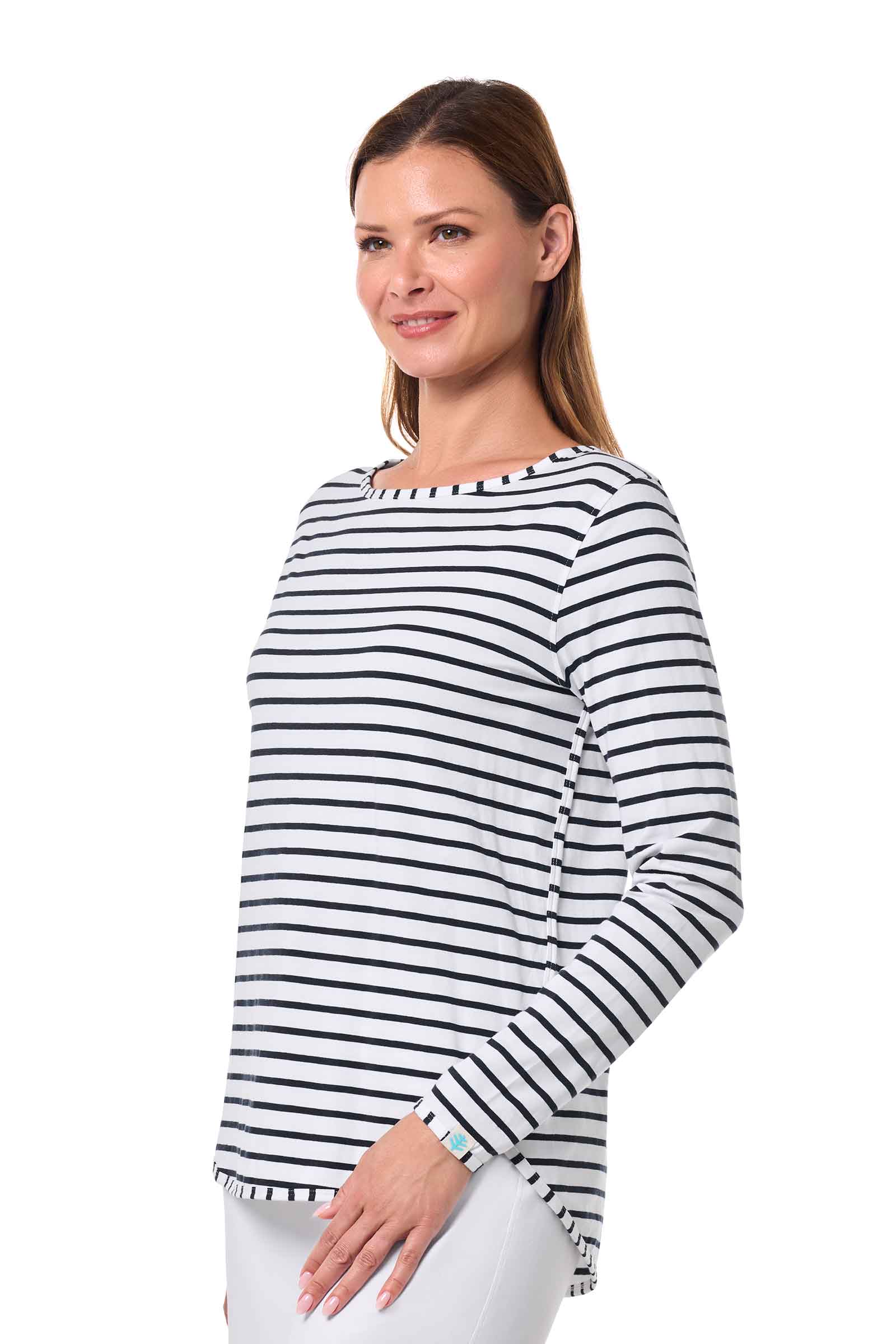 Women's Heyday Side Split Shirt | White/Navy Stripe