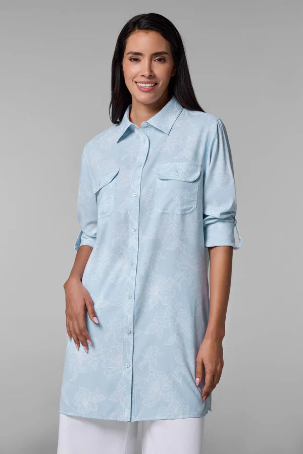 Front image of Coolibar Santorini Tunic Shirt in skyride blue print.