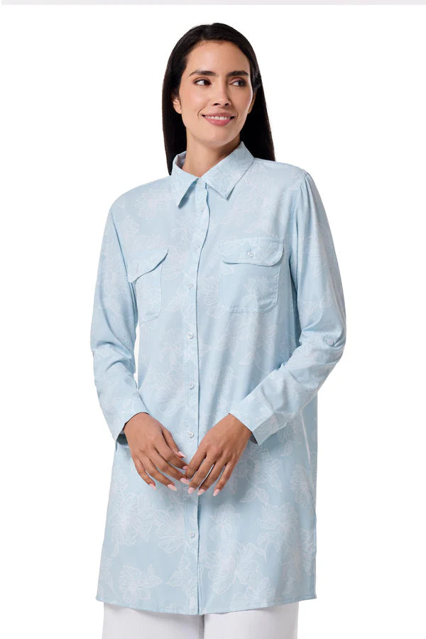 Front image of Coolibar Santorini Tunic Shirt in skyride blue print.