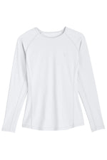 Front image of Coolibar hightide long sleeve swim shirt. White long sleeve top. 