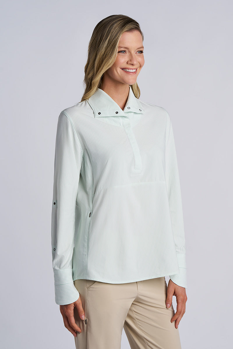 Women's Catona Funnel Neck Tunic Top | White/Misty Aqua Stripe
