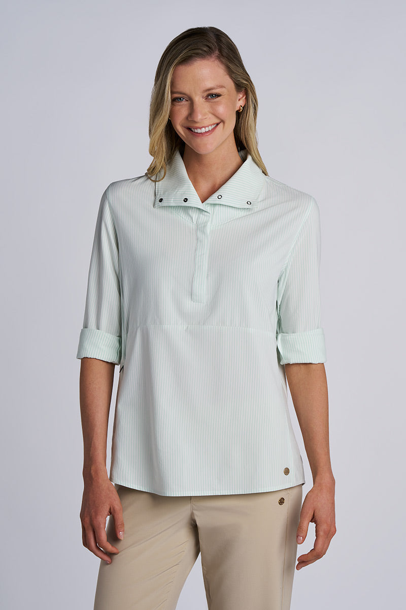 Women's Catona Funnel Neck Tunic Top | White/Misty Aqua Stripe