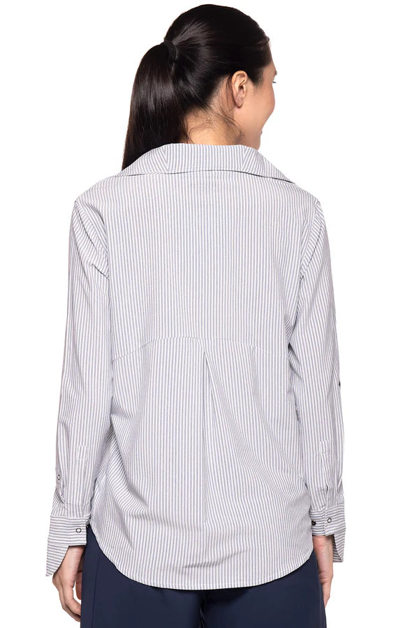 Back image of Coolibar catona funnel neck top in white/navy stripe.