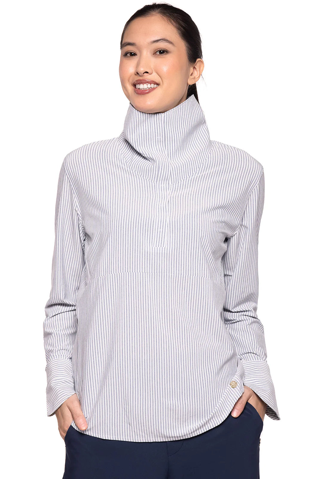 Front image of Coolibar catona funnel neck top in white/navy stripe.