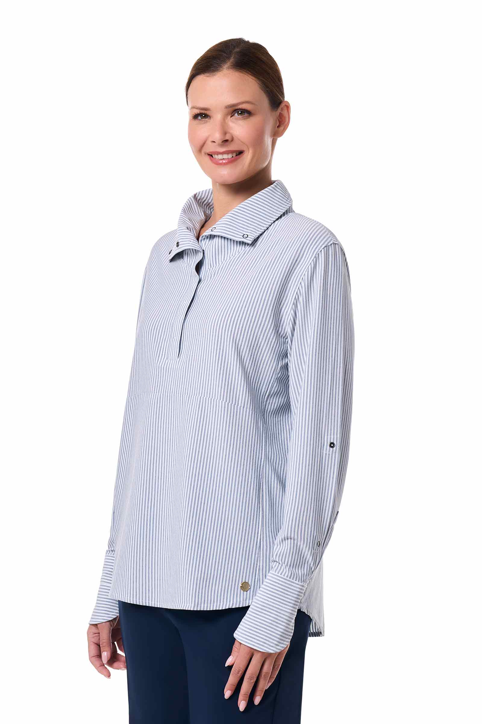 Women's Catona Funnel Neck Long Sleeve Top | White/Navy Stripe