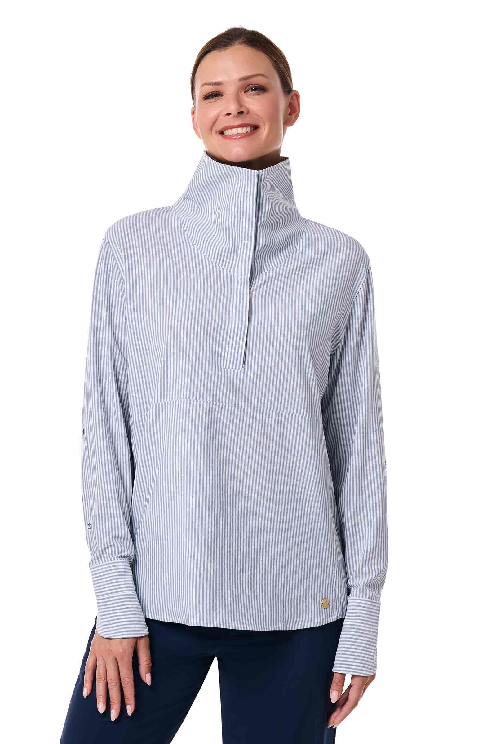Women's Catona Funnel Neck Long Sleeve Top | White/Navy Stripe