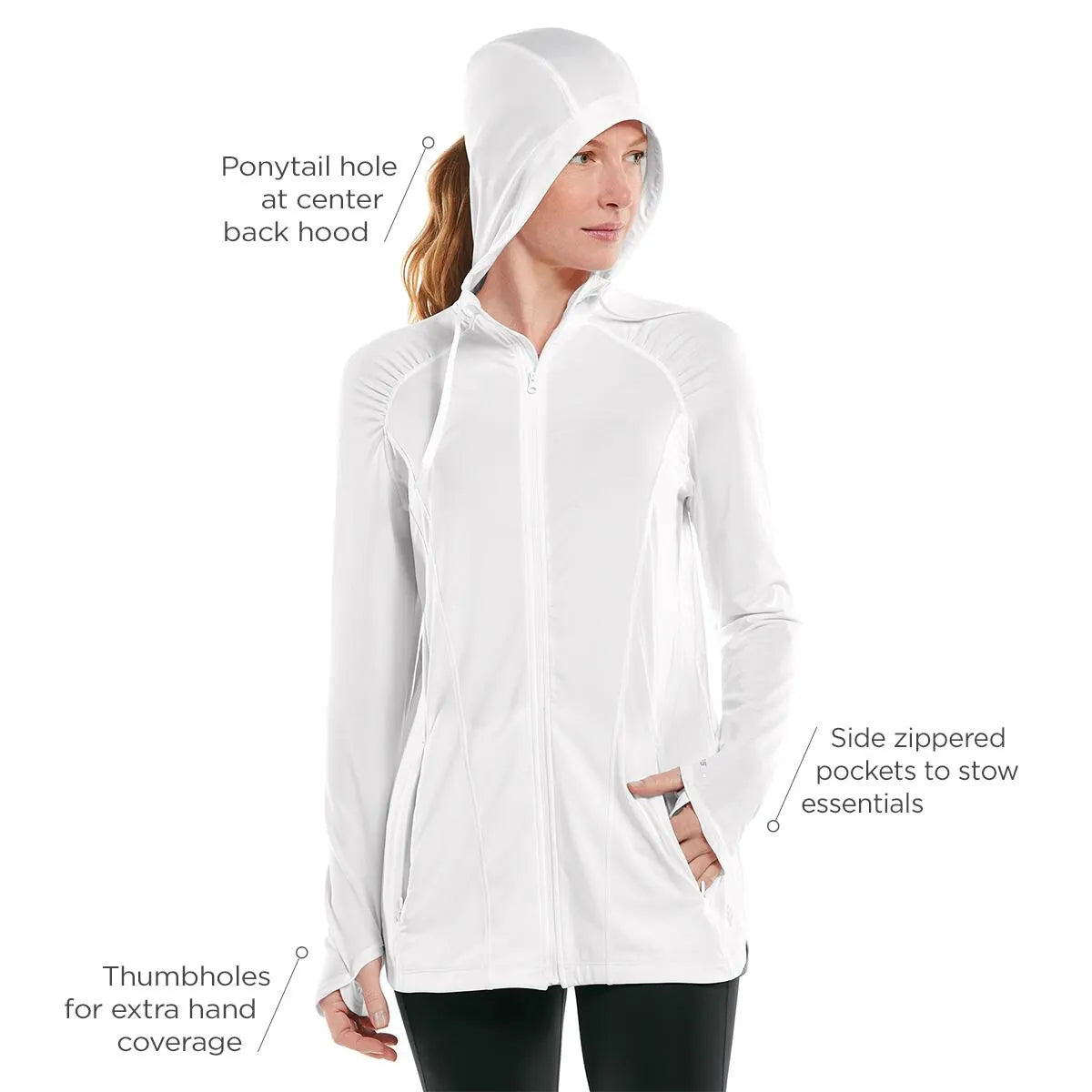 Front image of Astir full zip-up jacket. White long sleeve jacket. 