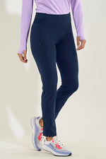 Front image of Coolibar Azora straight leg active pant. Navy pull on pants. 