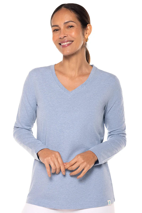 Front image of Coolibar everyday long sleeve v-neck shirt.