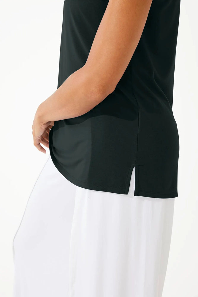 Side detail image of Coolibar Vedra v-neck tunic top. Black sleeveless top. 