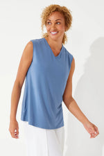 Front image of Coolibar contemporary blue tank. Vedra v-neck tank top