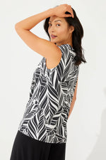 Back image of Coolibar Vedra v-neck tunic top. Sleeveless black and white coconut palm printed tank. 