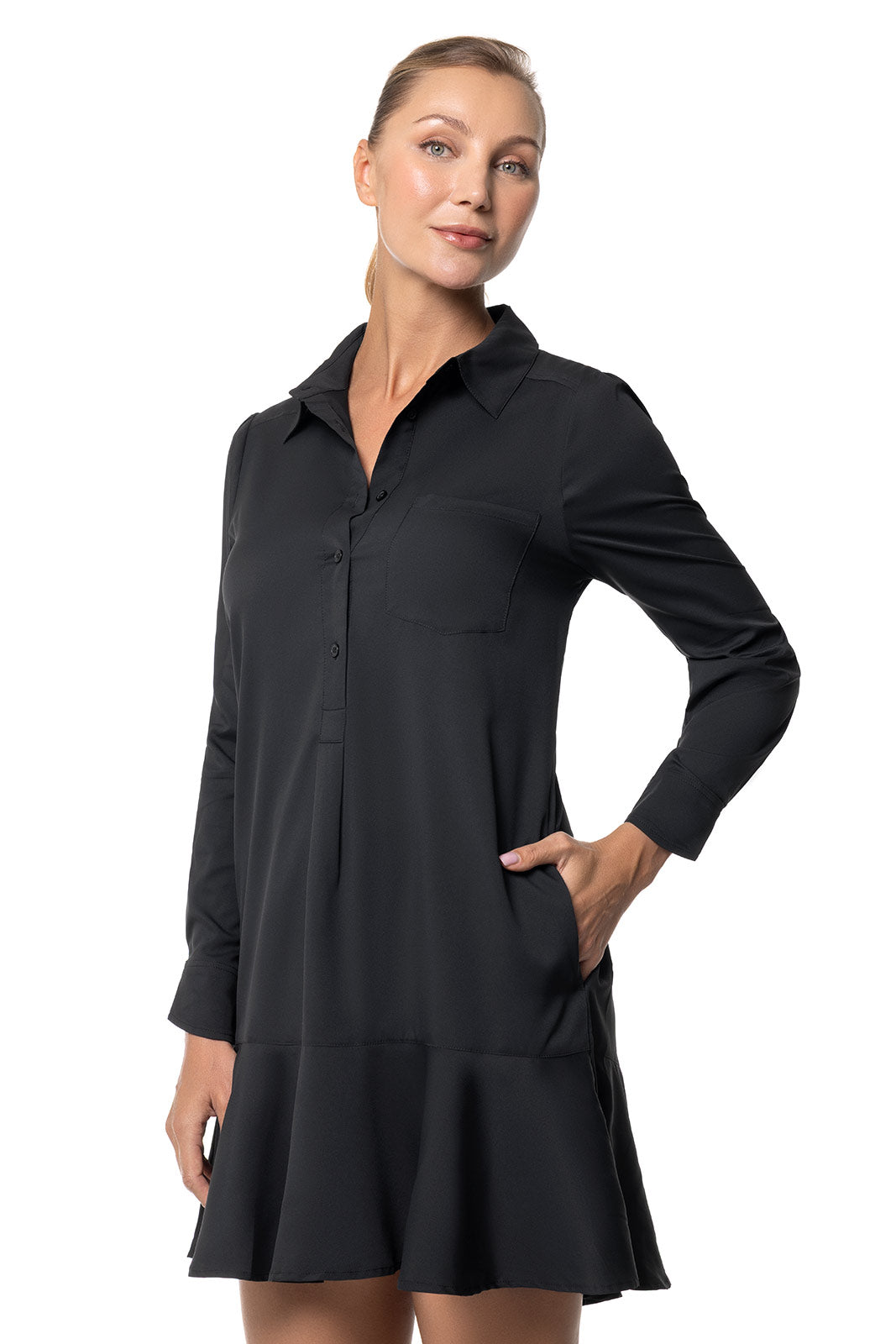 Women's Castaneda Flared Shirt Dress with Long Sleeves | Black
