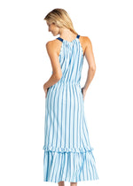 Back image of Cabana Life tie waist maxi dress. Blue striped maxi dress. 