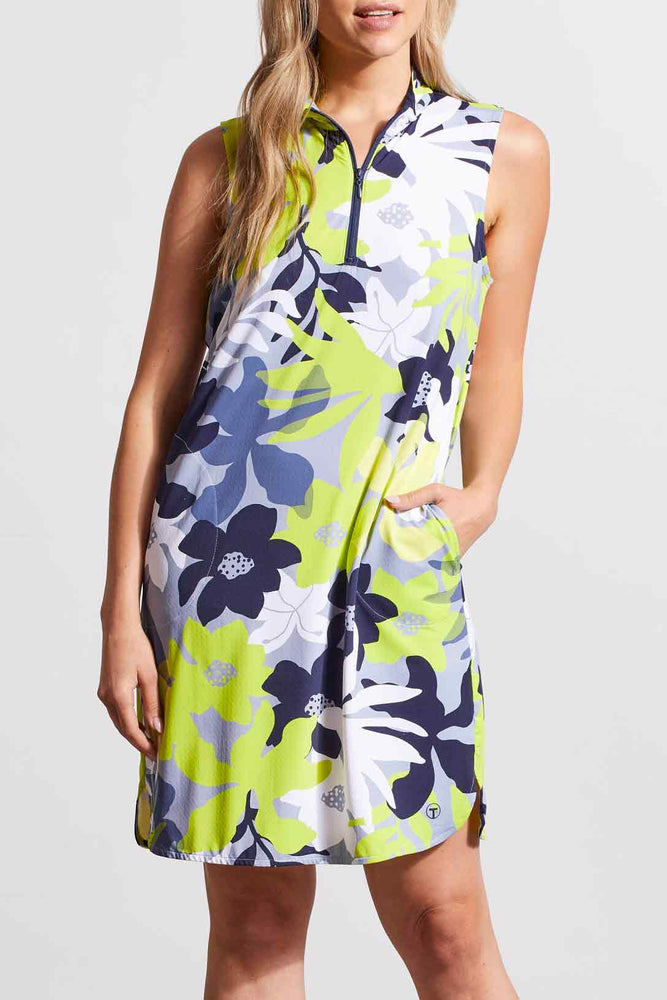 Front image of Tribal lime print sleeveless dress with pockets. Lime printed zip detail dress. 
