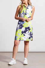 Front image of Tribal lime print sleeveless dress with pockets. Lime printed zip detail dress. 